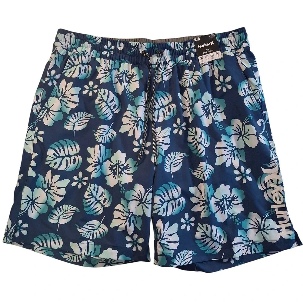 Hurley Volley Swim Trunks Mens XL Navy Blue Teal Floral Tropical Board Shorts